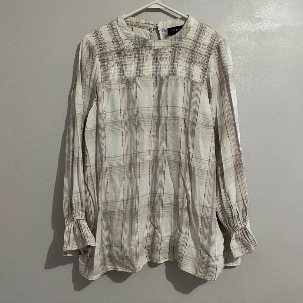 Lane Bryant Pink Plaid Blouse Size 16 elastic wrist - Picture 1 of 7